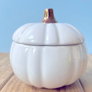 Vintage JCPenney White Pumpkin Ceramic Jar with Gold Stem On Lid Halloween Decor